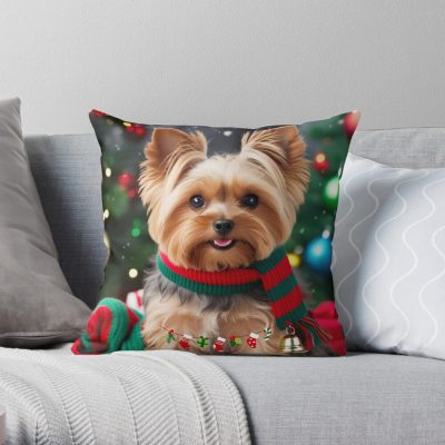 Yorkie S First Christmas Throw Pillow - Yorkshire Terrier Gifts